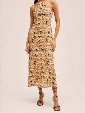 Mango Floral Halter Midi Dress in Peach and Olive